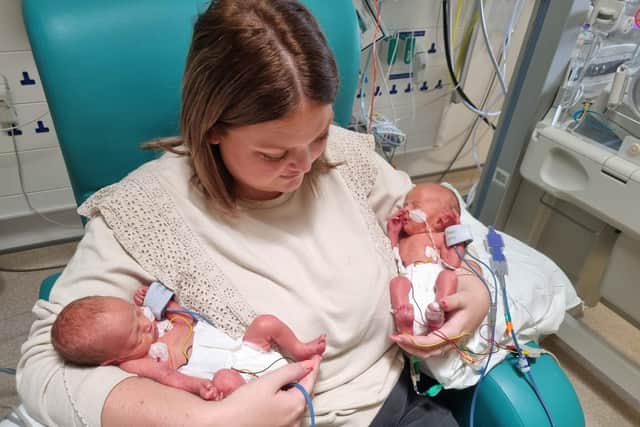 Mum Naomi Ashworth with her little twins Emelie and Vinnie