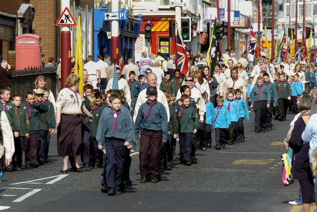 St George's Day Parade marches past Blackpool Town Hall. Scouts make their way down Talbot Road, 2004