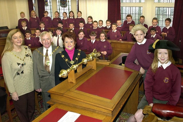 Ansdell Primary School children in the council chamber during their visit to St Annes Town Hall. Pupils Kate Rayner and Alex Caldicott are pictured right, with from left, the Deputy Mayoress of Fylde Mrs Janet Wardell, the Deputy Mayor of Fylde Councillor Jack Dobson and the Mayoress of Fylde Miss Katie Fieldhouse, 2002