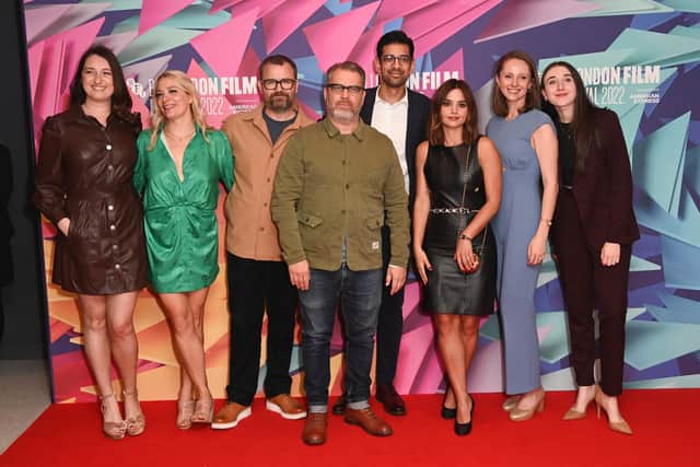 Savannah Power, Sura Dohnke, Neil Maskell, Roger Evans, Amit Shah, Jenna Coleman, Stephanie Aspin and Helen Simmons at the "Klokkenluider" world premiere during the 66th BFI London Film Festival. (Photo by Stuart C. Wilson/Getty Images for BFI)