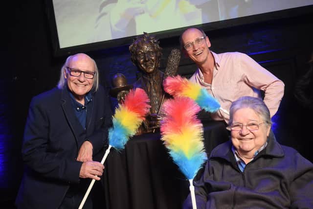 Unveiling of new Ken Dodd sculpture at the Grand Theatre. Pictured is Mick Miller, Steve Royle and Johnnie Casson.