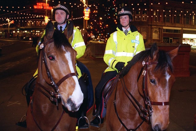 PC Allan Johnson and PC Christine Driver from the mounted division based at Hutton on patrol in Blackpool for late night shopping