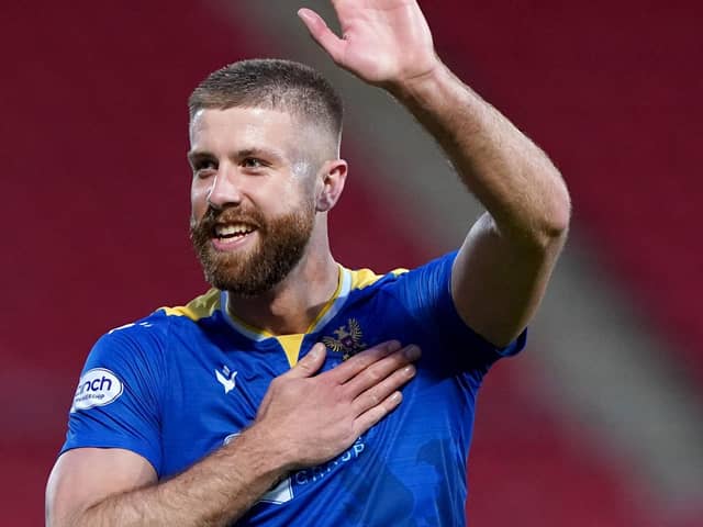 New Fleetwood Town man Shaun Rooney celebrates at full time after a St Johnstone win.