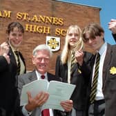 Lytham St Annes High School pupils celebrate a glowing OFSTED report in 1997. Pictured are Peter Steed, Hannah Brailey, head teacher Michael Payne, Jennifer Hellier and Alex Stylianou