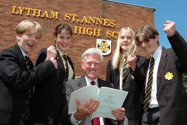 Lytham St Annes High School pupils celebrate a glowing OFSTED report in 1997. Pictured are Peter Steed, Hannah Brailey, head teacher Michael Payne, Jennifer Hellier and Alex Stylianou