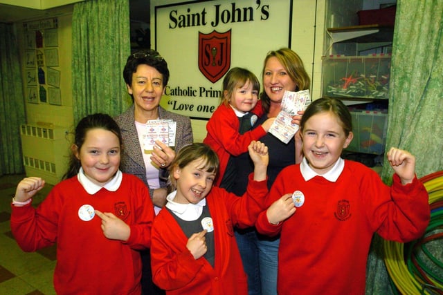 Cash 4 Kidz winners and St John's Catholic Primary School, Poulton le Fylde. From left, Emily Patisso, Brigid Gildert (headteacher), Rebecca Hopkinson, Sarah Hopkinson, Marie Hopkinson and Joanna Little.