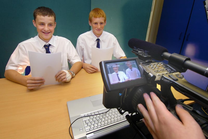 Students at Highfield High School in South Shore created a studio to broadcast a news channel for the school. Newsreaders Taylor Ramsden (left) and Joe Bullock being filmed by Adam Leach