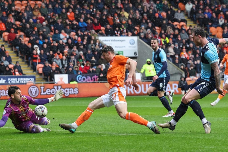 Matty Virtue had an opportunity in the first half of the game at Bloomfield Road, but had his attempt stoppped Franco Ravizzoli.