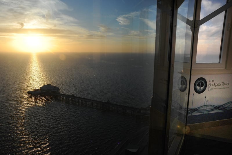 Sunset over Blackpool on the longest day of the year showing North Pier from the top of the Tower