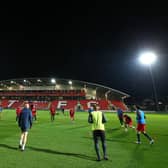 General view inside the stadium during the warm up prior to the Sky Bet League One match between Fleetwood Town and Sunderland at Highbury Stadium.
