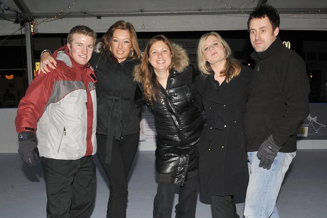 Staff from Zest, Lytham, try out the Ice rink in Market Square. Pictured (left to right): Chris, Sylvia Krysztowska, Michelle Peracca, Penny Ball, and William Miller