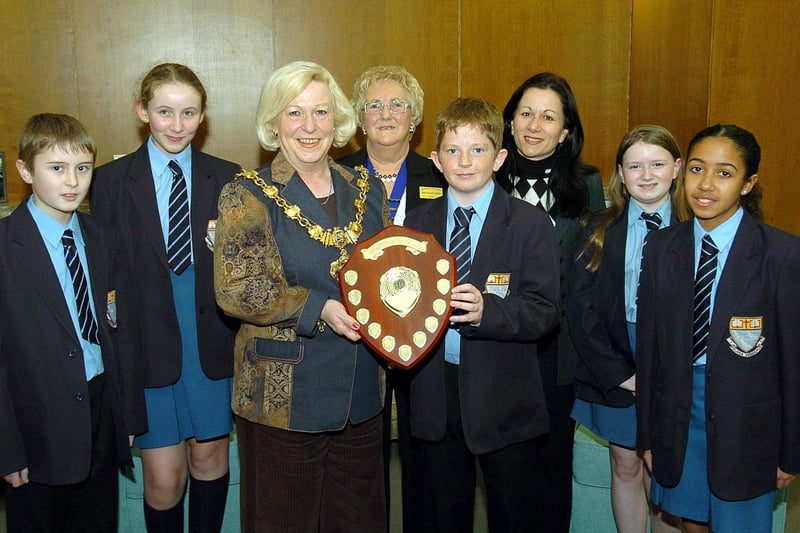 Blackpool Civic Trust Awards at Blackpool Town Hall, presented by the Mayor of Blackpool Councillor Maxine Callow. Collegiate High School received the senior environmental award. From left, Aaron Williams, Sophie Darlington, the Mayor, Elaine Smith (Civic Trust chairman), Connor Richards, Mrs G. Grima (school community co-ordinator), Kimberley Durnan and Shannice Smith.