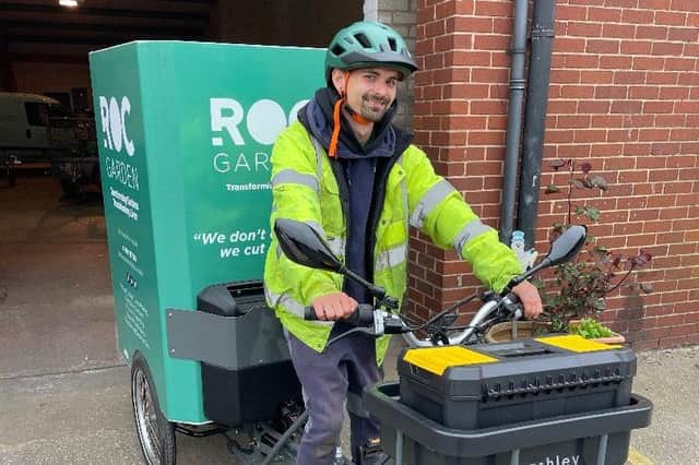 Jordan setting off for his first job with the new ROC Garden Cargo Tricycle
