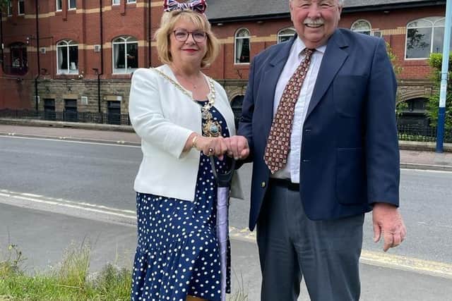 St Annes town mayor Coun Karen Harrison and Tony Ford, chairman of the South Fylde Line and vice chairman of Community Rail Lancashire, signal the start of the Foundation Stone Project.