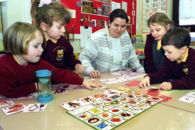 Reception class teacher Tracey Parker with, from left, Nicola Christie, Laura Holland, Kallie Grimley and Daniel Grice at St Teresa's Primary School