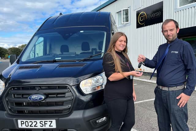 Shannon Evans, Logistics Co-ordinator at ICT Reverse, takes delivery of one of the new Ford Transit vans from Daniel Boden of Pye Motors