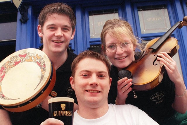 Staff from O'Neills in Talbot Rd preparing for St Patrick's Day in 1998.  Assistant manager Danny Kearns, Shelley Spencer and manager Martin Kelly