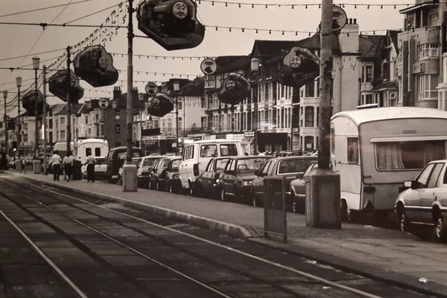 Cars bumper to bumper parked up in Blackpool, July 1989