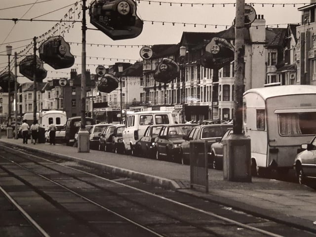 Cars bumper to bumper parked up in Blackpool, July 1989