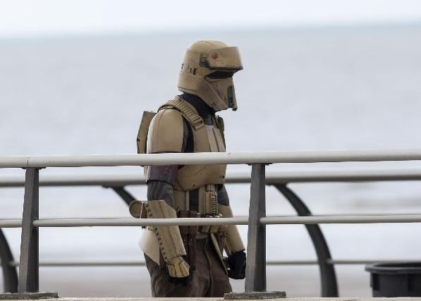 A stormtrooper gets ready for action in Andor, filmed on Cleveleys seafront