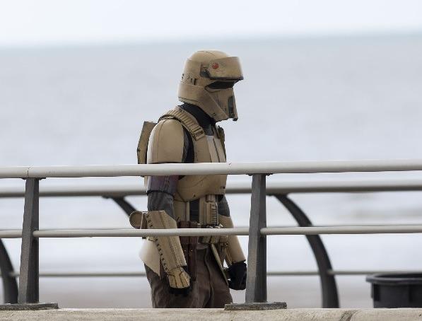 A stormtrooper gets ready for action in Andor, filmed on Cleveleys seafront