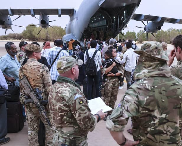 The evacuation of British Nationals onto an awaiting RAF aircraft at Wadi Seidna Air Base in Khartoum, Sudan at the weekend.