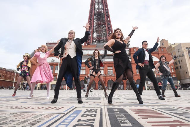 The cast of The Rocky Horror Show pose for pictures to promote their show at the Grand Theatre in Blackpool