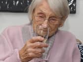 Jean Garstang celebrates  turning 108 with fish and chips and a glass of bubbly