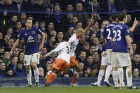 Alex Baptiste celebrates after scoring Blackpool's first goal