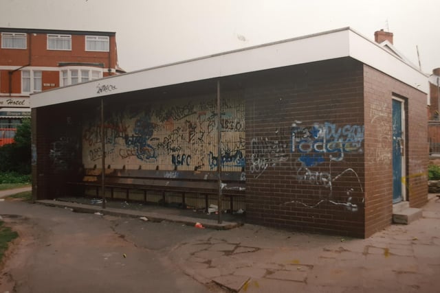 This was the state of the shelter at Gynn Gardens in June 1992. Wrecked by graffiti. The local residents association wanted shutters putting up to stop drunks from using the hut as a drinking den