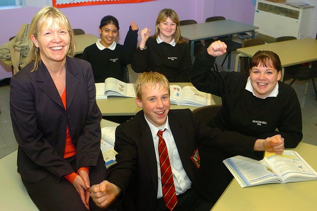 Beacon Hill High School celebrates being the most improved school in the Blackpool GCSE results. Clockwise from from are Laim Hawkins (15), deputy headteacher Barbara Lund, Moyrum Wakid (15), Rebecca Robinson (16) and Katie Stollery in 2005