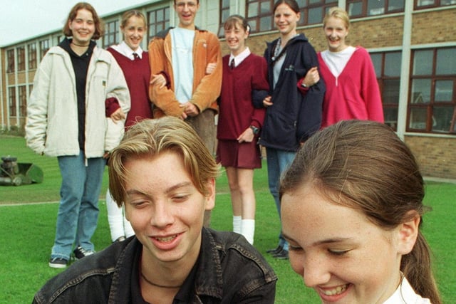 German exchange students came to Montgomery High School in 1997. Back, from left, Nicole Hoffman, Emma Daniels, Christian Mohrmann, Tracey  Pilkington. Christina Duffner. Pictured front, are Eike Kustermann and  Leanne Hamilton.