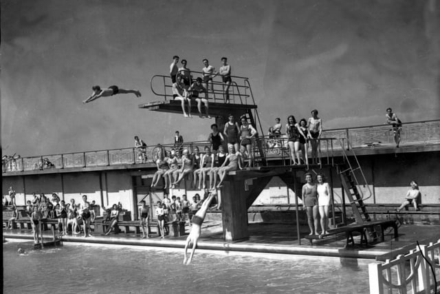 High diving fun at Fleetwood Open Air Baths. It says on the back of this picture that a young John Lennon learned to swim at the baths as a regular childhood visitor to his cousin's home in Fleetwood