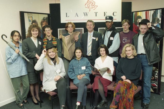 Students from all over Lancashire at the 1994 Lawtec Students Business Conference. Seated (left to right) Emma Armstrong (Blackpool Sixth Form College), Fiona Lyon (Our Lady's High School, Preston), Sarah Gili-Ross (Lytham St Annes High School), Vicki Jones (Ormskirk Grammar School). Standing (Left to right): Fatima Ahmed (Newman College), Pauline Taylor (assistant manager customer services, Natwest, Blackpool), Theodosis Fessas (Lancaster and Morecambe College), Matthew Ward (King Edward VII School, Lytham), Dr Barry Hankinson (managing director, Creative Training plc), Derek Gibbs (Preston College), Gavin Blackstone (Carr Hill High School, Kirkham), Robert Booth (St Mary's RC High School, Blackpool)