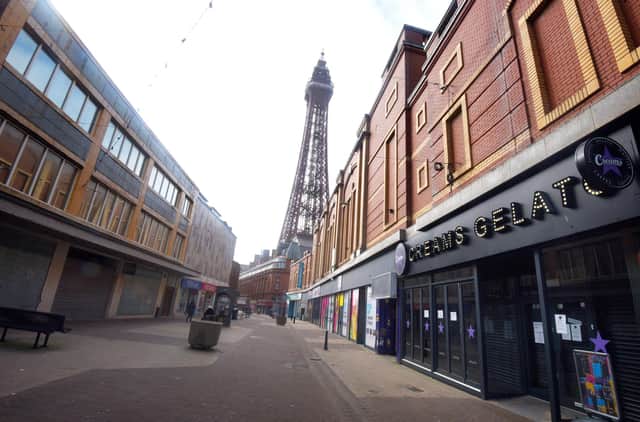 An eerie silence in the centre of Blackpool's shopping area. The tower looms over the quiet streets in April 2020