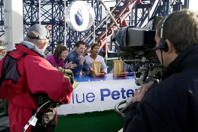 Blue Peter filming live at Blackpool Pleasure Beach, with presenters Liz Barker, Matt Baker and Konnie Huq at the make table back in October 2000. The programme made more than one visit the famous amusement park.