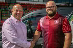 Blackpool Stanley chairman Simon Hornby (right) with Tom Marsh of Wigan Warriors Picture: BRYAN FOWLER