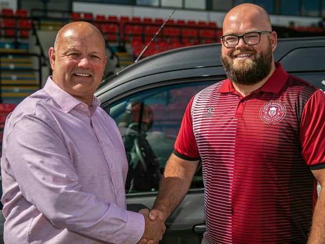 Blackpool Stanley chairman Simon Hornby (right) with Tom Marsh of Wigan Warriors Picture: BRYAN FOWLER