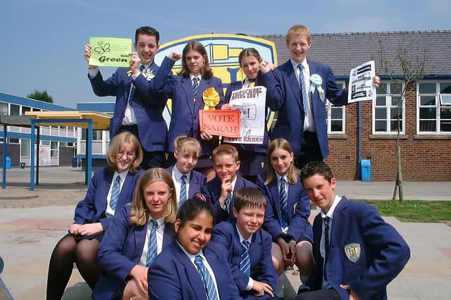 This was Hodgson High School's mock election in 2001. Candidates Adam Waltaus, Jenny Redman,  Sarah Farrell and Tom Middleton, all from Year 10