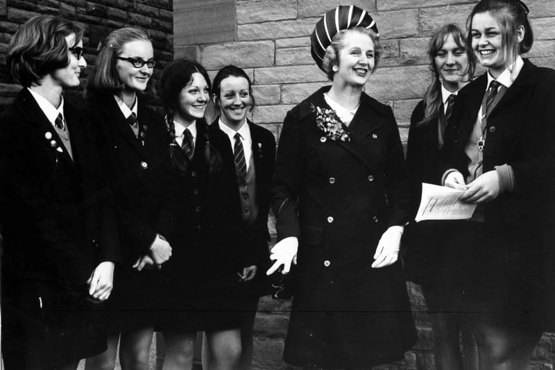 Then the Secretary of State for Education and Science Margaret Thatcher chats to some of the girls after presenting the Elmslie School speech day prizes in the Holy Trinity Church Hall