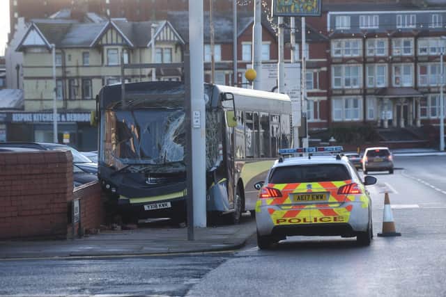 The Cleveleys bound service mounted the pavement and crashed into a wall and a lamppost holding an illuminations sign