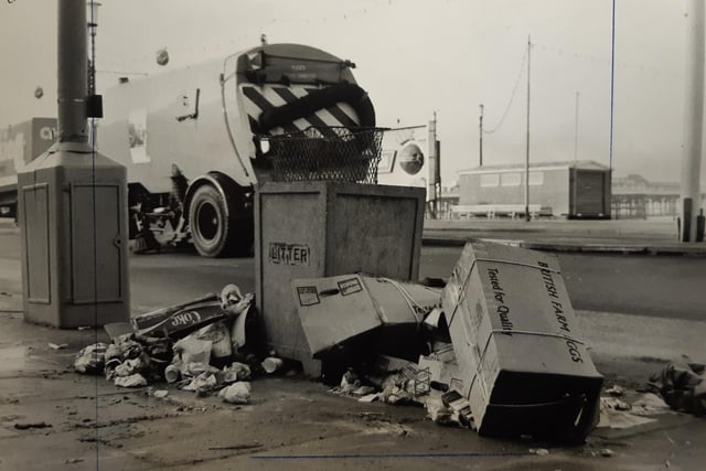 Piled up rubbish and dirty gutters along the Golden Mile in October 1970