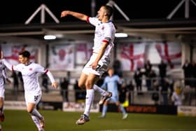 Charlie Jolley celebrates his winning goal against Hartlepool Photo: AFC FYLDE