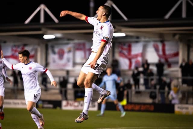 Charlie Jolley celebrates his winning goal against Hartlepool Photo: AFC FYLDE