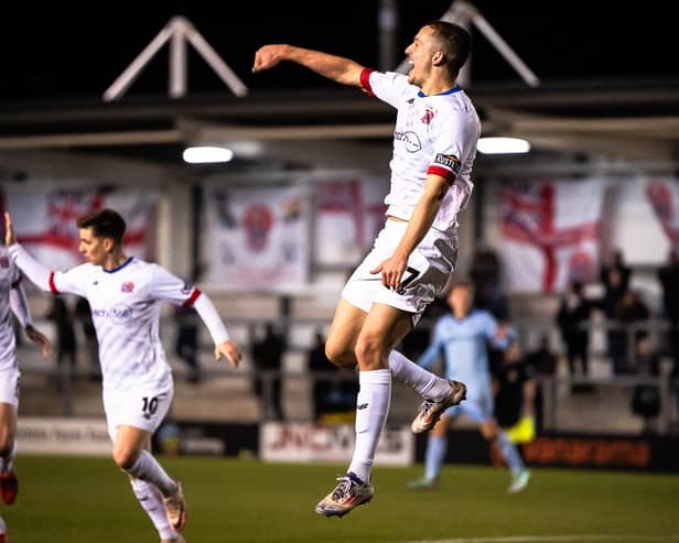 Charlie Jolley celebrates his winning goal against Hartlepool Photo: AFC FYLDE