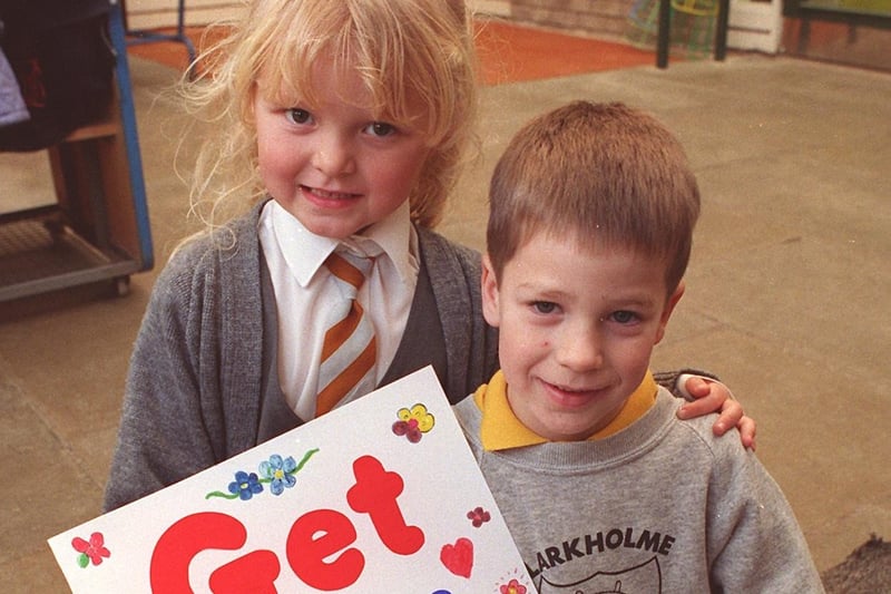 Larkholme Primary School's Robert Cosgrove and Alison Holder with a get well soon card made for a classmate in 1996
