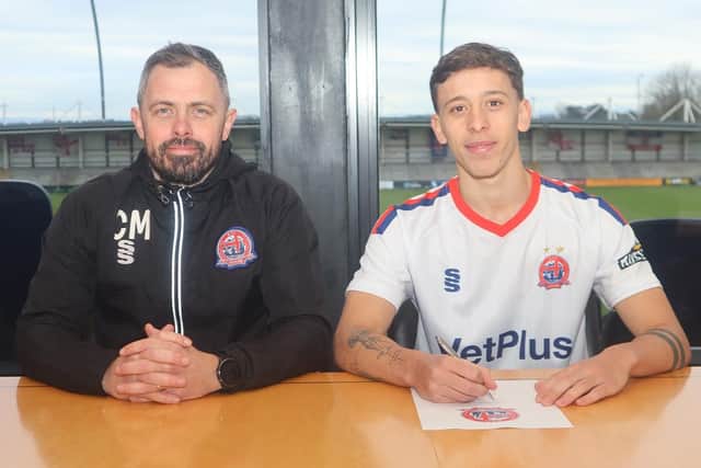AFC Fylde loan signing Felipe Rodríguez-Gentile and head coach Craig Mahon Photo: AFC Fylde