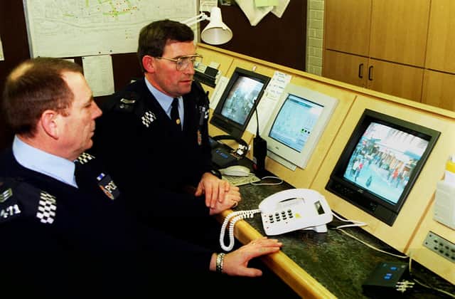 PS Jack Baxter and PS John Williams observe the CCTV screens at Blackpool Central Police Station as part of a town centre initiative in 1996