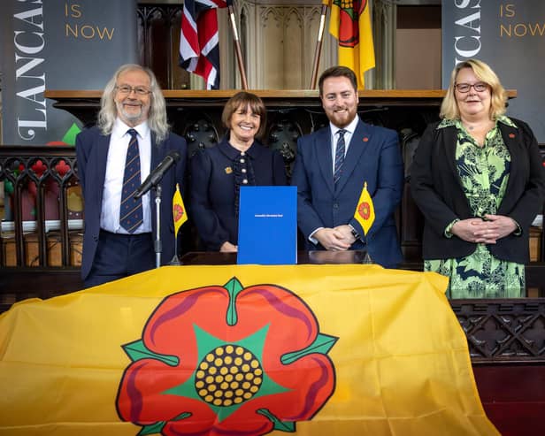 [From left] Blackburn with Darwen Council leader Phil Riley, Lancashire County Council leader Phillippa Williamson, Levelling Up Minister Jacob Young and Blackpool Council leader Lynn Williams after the devolution deal was signed at Lancaster Castle (image: Martin Bostock Photography)
