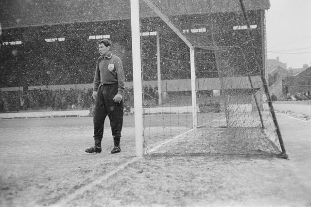 British goalkeeper Bill Brown  of Tottenham Hotspur during a game against Blackpool FC on January 21st 1963